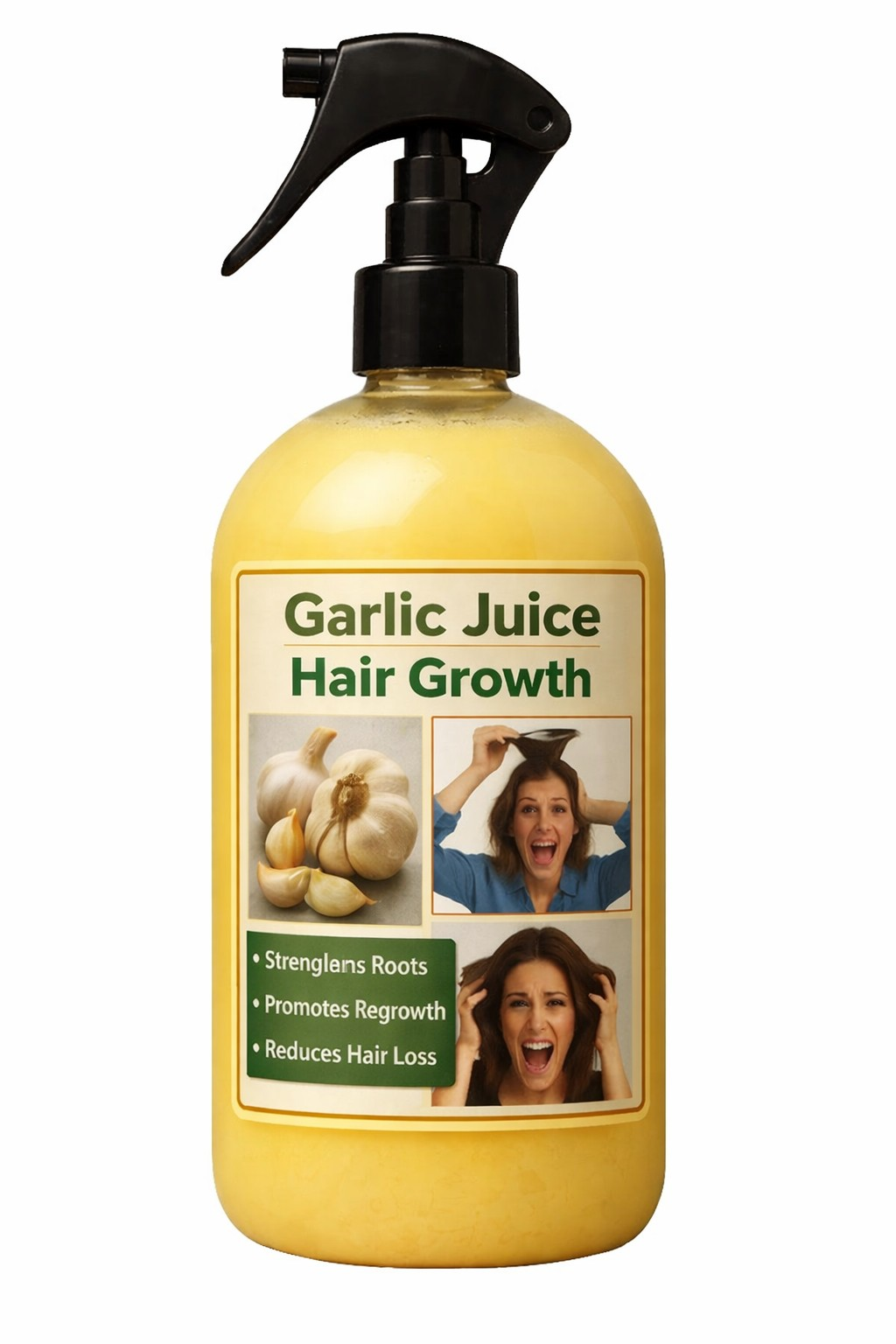 Natural garlic extract spray that helps nourish scalp and support healthy hair growth.