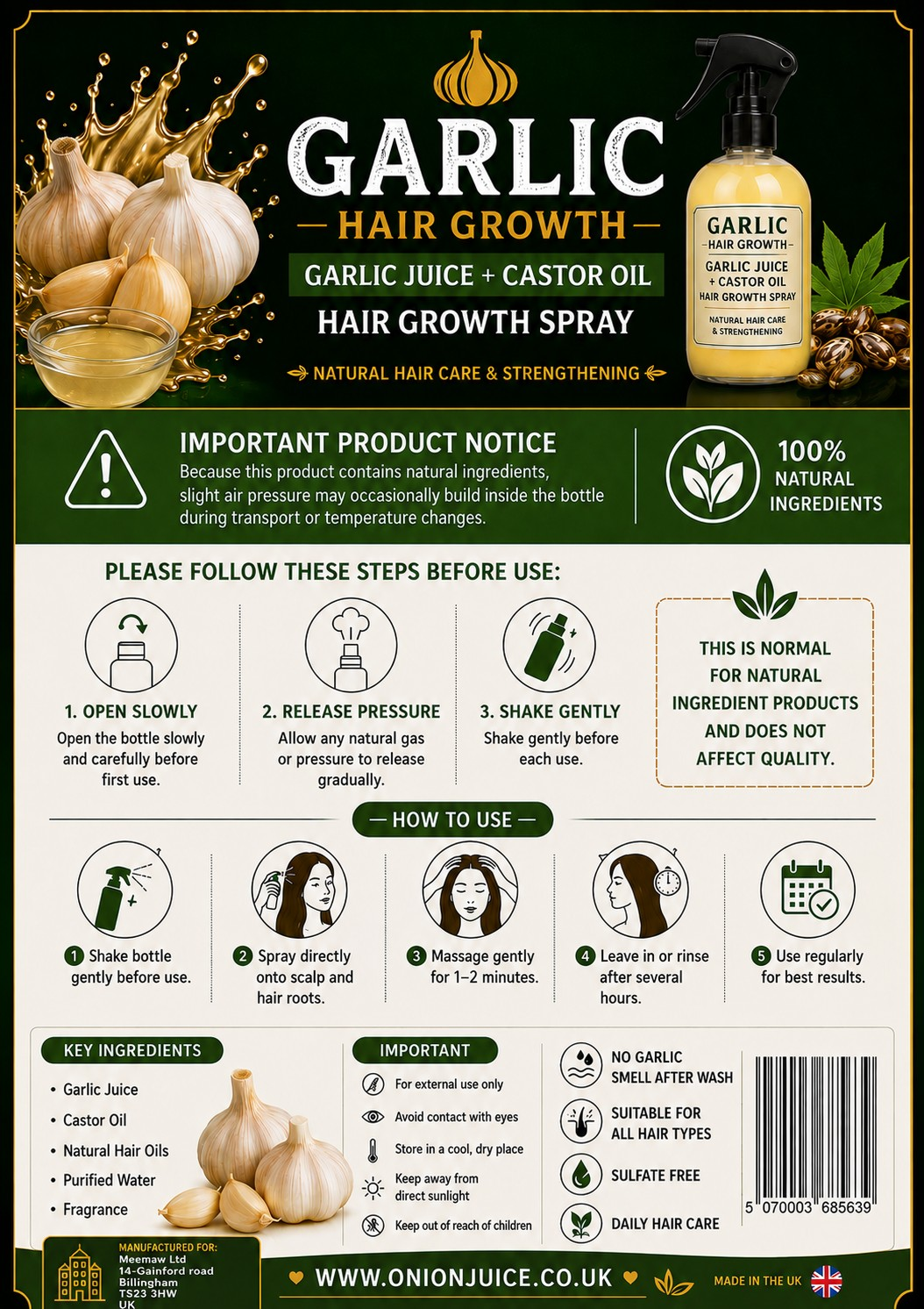 Natural garlic extract spray that helps nourish scalp and support healthy hair growth.